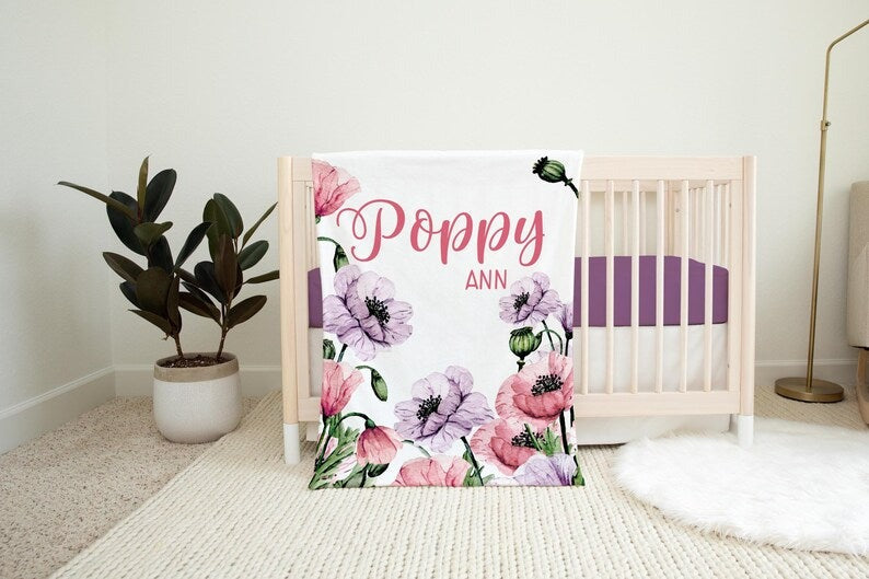 Pink And Purple Poppy Baby Kids Blanket With Customized Name For Baby Girl Nursery, Daughter, Granddaughter, Newborn Gifts