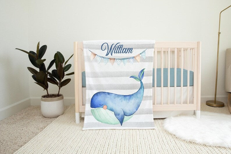 Blue Whale Baby Kids Blanket With Customized Name For Baby Boy Nursery, Son, Grandson, Newborn Gifts