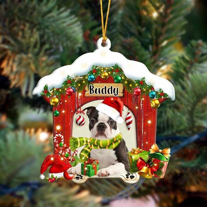 Customized Name Boston Terrier In Red Wood House Acrylic Christmas Ornament Gift For Dog Lovers, Dog Mom