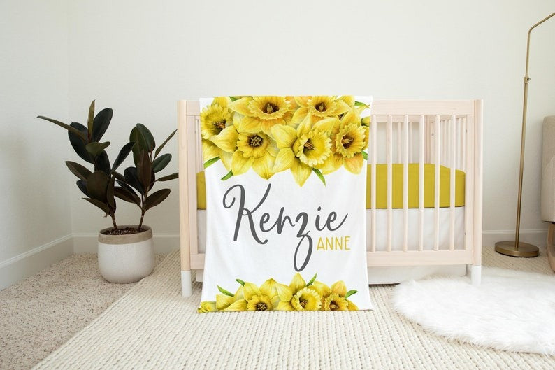 Daffodil Floral Baby Kids Blanket With Customized Name For Baby Girl Nursery, Daughter, Granddaughter, Newborn Gifts