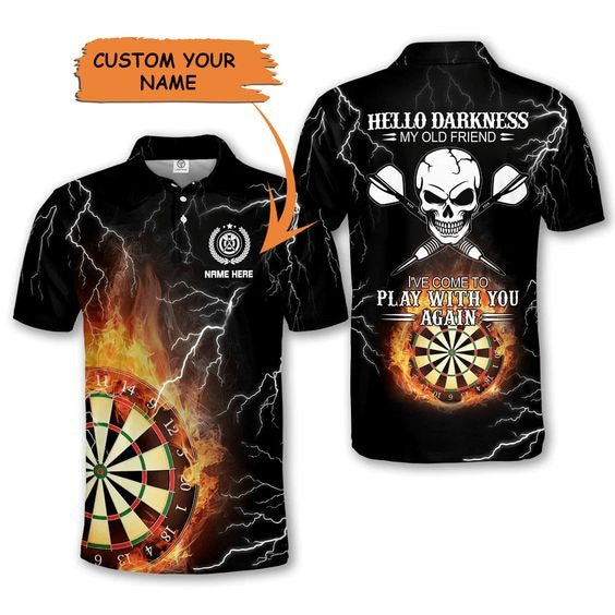 Customized Darts Polo Shirt, Skull, Hello Darkness Personalized Name Polo Shirt For Men - Perfect Gift For Darts Lovers, Darts Players