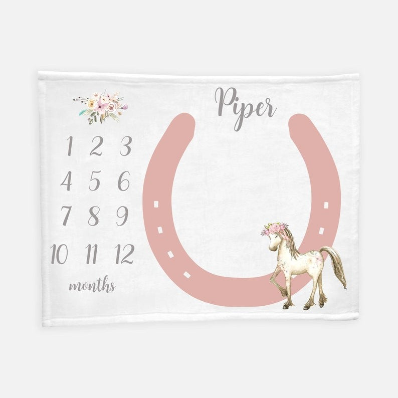 Pony Horseshoe Baby Milestone Blanket With Customized Name For Baby Girl Nursery, Daughter, Granddaughter, Month Gifts