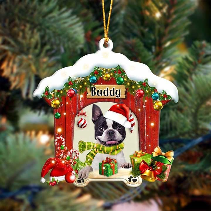 Customized Name Boston Terrier In Red Wood House Acrylic Christmas Ornament Gift For Dog Lovers, Dog Mom