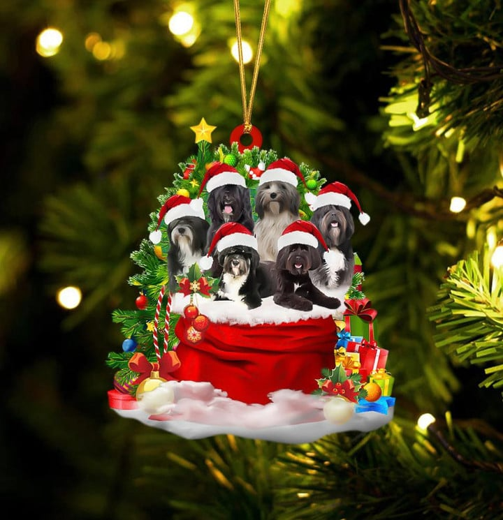 Customized Tibetan Terrier Dogs In Red Gift Bag Acrylic Christmas Ornament, Personalized Name Christmas Gift For Dog Lovers, Dog Mom