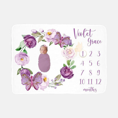 Violet Floral Butterfly Baby Milestones Blanket With Customized Name For Baby Girl Nursery, Daughter, Granddaughter