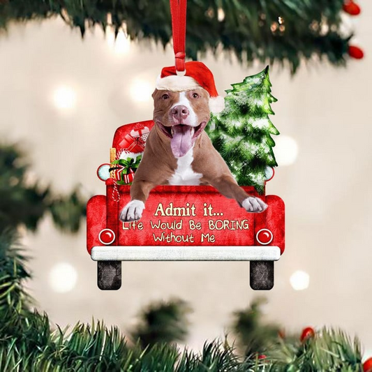 Personalized Photo Pit Bull On The Red Truck Acrylic Christmas Ornament, Custom Christmas Gift For Dog Lovers, Dog Owners