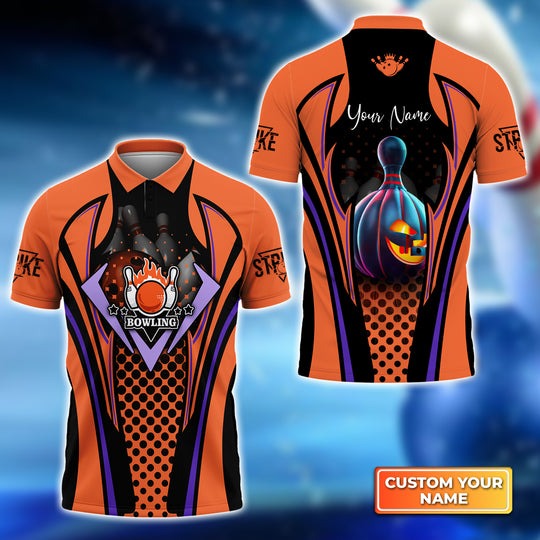 Customized Bowling Polo Shirt, Pumpkin Halloween Personalized Bowling Polo Shirt For Men - Perfect Gift For Bowlers, Bowling Lovers