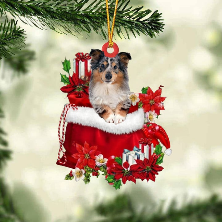 Custom Shetland Sheepdog In Red Gift Bag Acrylic Christmas Ornament, Personalized Name Christmas Gift For Dog Lovers, Dog Mom