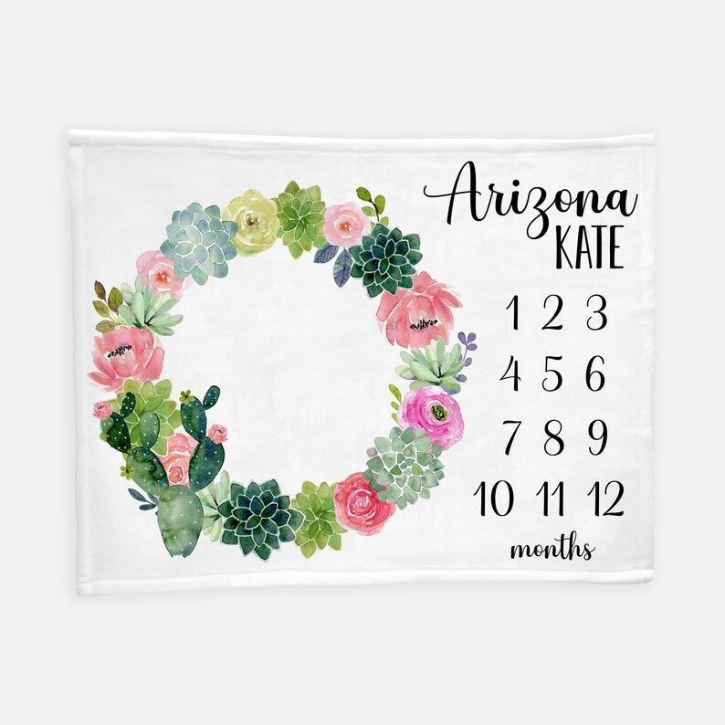 Succulent Cactus Baby Milestone Blanket With Customized Name For Baby Girl Nursery, Daughter, Granddaughter, Month Gifts