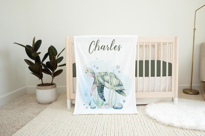 Sea Turtle Baby Kids Blanket With Customized Name For Baby Boy Girl Nursery, Daughter, Granddaughter, Son, Grandson, Newborn Gifts