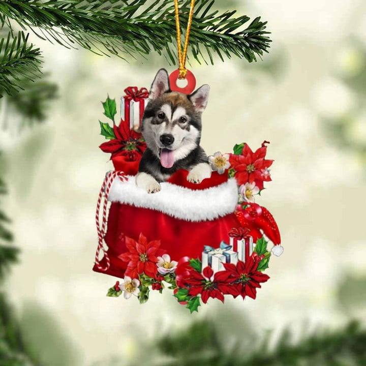 Custom Name Alaskan Malamute In Red Gift Bag Acrylic Christmas Ornament, Customized Christmas Gift For Dog Lovers, Dog Mom