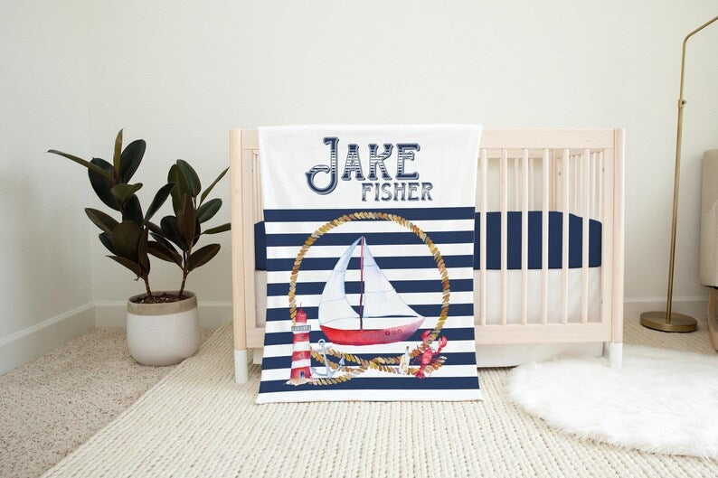 Sailboat In Ocean Baby Kids Blanket With Customized Name For Baby Boy Nursery, Son, Grandson, Newborn Gifts