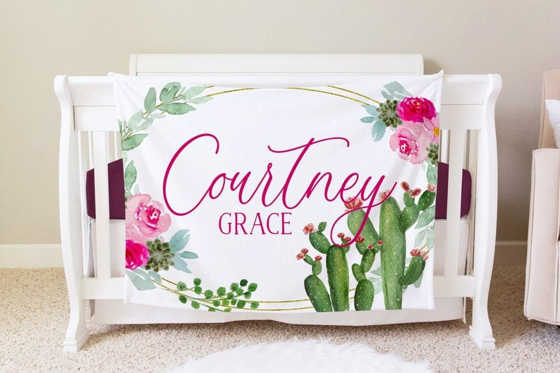 Cactus And Pink Rose Baby Kids Blanket With Customized Name For Baby Girl Nursery, Daughter, Granddaughter, Month Gifts