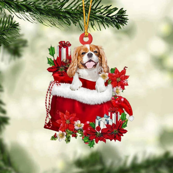 Custom Name Cavalier King Charles Spaniel In Red Gift Bag Acrylic Christmas Ornament, Customized Christmas Gift For Dog Lovers, Dog Mom