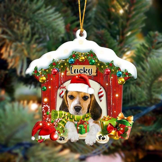 Personalized Name Beagle In Red Wood House Acrylic Christmas Ornament Gift For Dog Lovers, Dog Mom