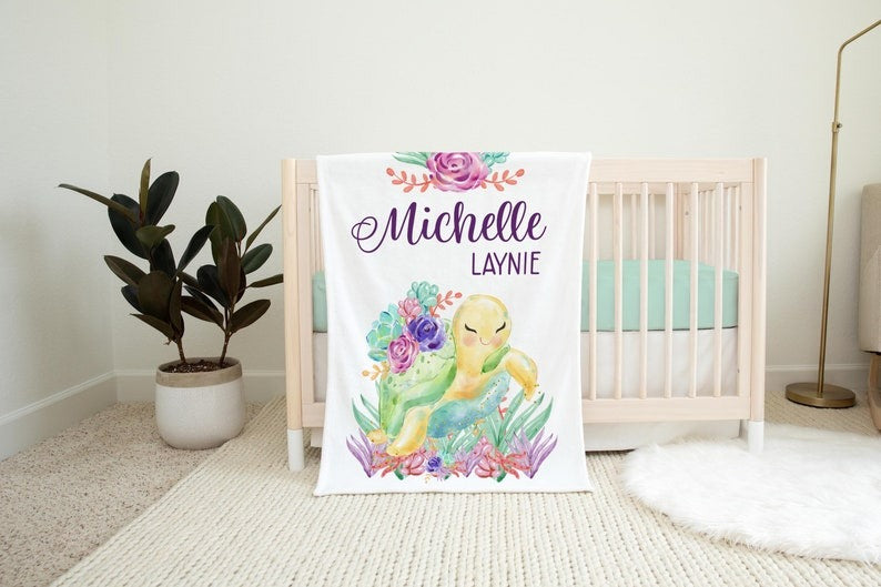 Turtle Floral Baby Kids Blanket With Customized Name For Baby Girl Nursery, Daughter, Granddaughter, Newborn Gifts