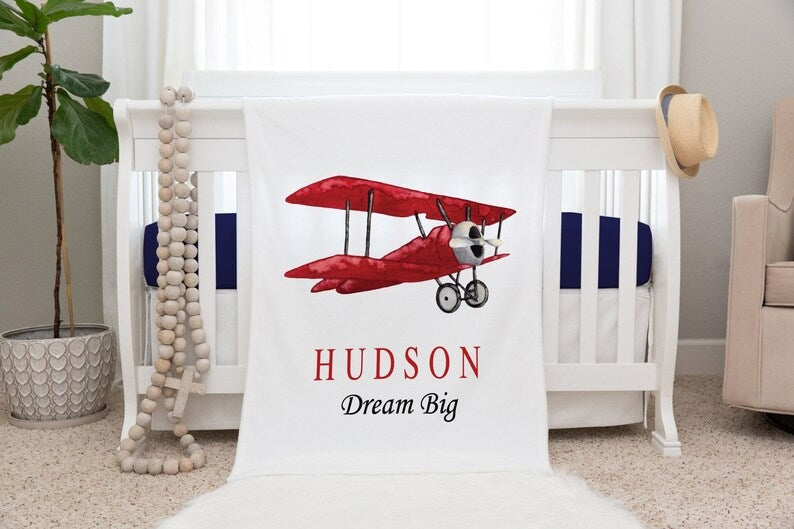 Red Airplane Baby Kids Blanket With Customized Name For Baby Boy Nursery, Son, Grandson, Newborn Gifts