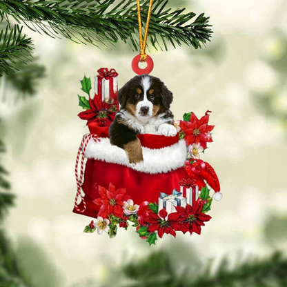 Custom Name Bernese Mountain In Red Gift Bag Christmas Car Ornament, Customized Christmas Gift For Dog Lovers, Dog Mom