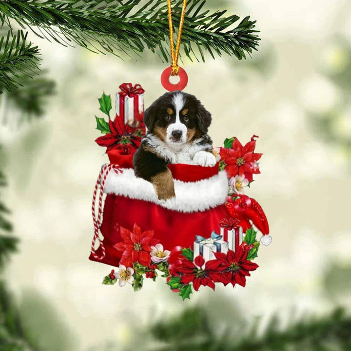 Custom Name Bernese Mountain In Red Gift Bag Acrylic Christmas Ornament, Customized Christmas Gift For Dog Lovers, Dog Mom