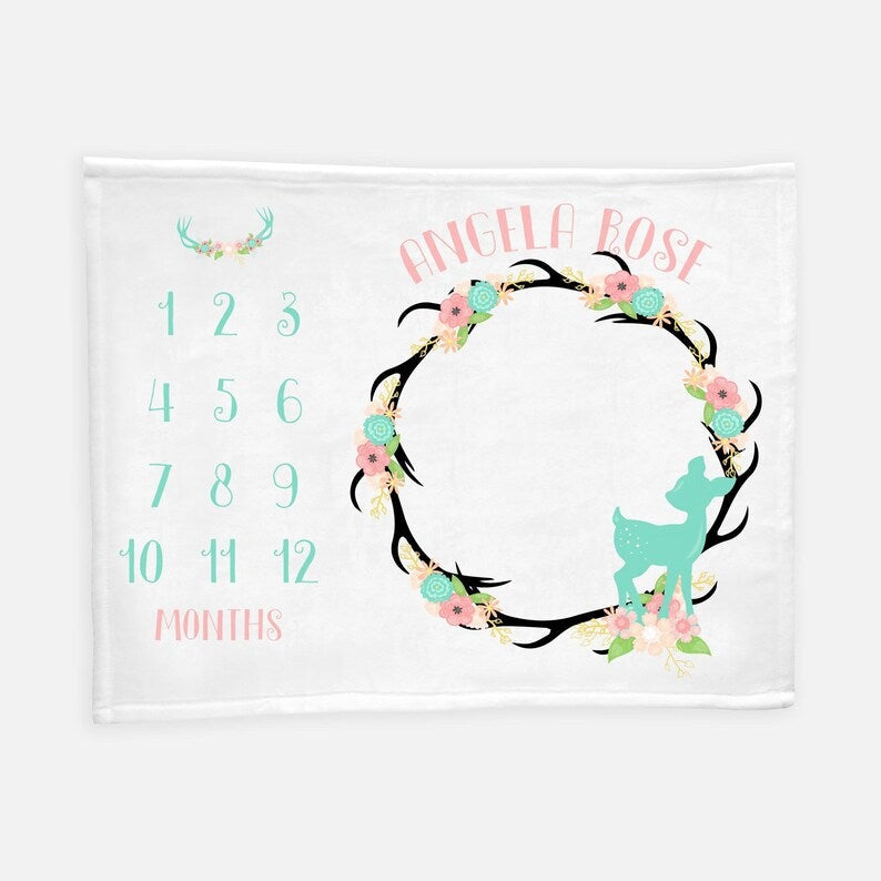 Deer Antler Floral Wreath Baby Milestone Blanket With Customized Name For Baby Girl Nursery, Daughter, Granddaughter, Month Gifts