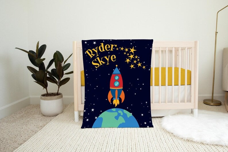 Rocket Baby Kids Blanket With Customized Name For Baby Boy Nursery, Son, Grandson, Newborn Gifts