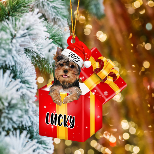 Customized Name Yorkshire Terrier In Red Gift Box Acrylic Christmas Ornament Personalized Pet Ornament - Gift For Dog Lovers, Pet Lovers