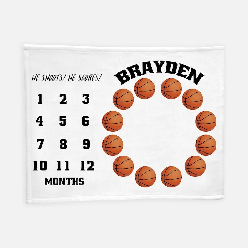 Basketball Balls Baby Milestone Blanket With Customized Name For Baby Boy Nursery, Son, Grandson, Month Gifts