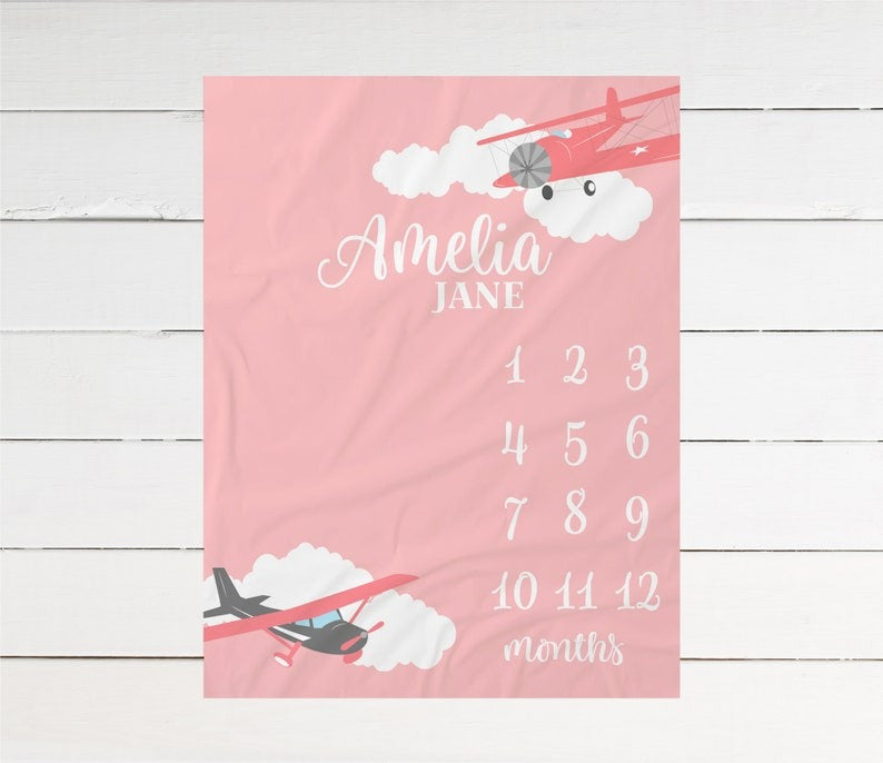 Girl Airplane Baby Milestone Blanket With Customized Name For Baby Girl Nursery, Daughter, Granddaughter, Newborn Gifts