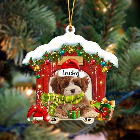 Personalized Name Cavapoo In Red Wood House Acrylic Christmas Ornament Gift For Dog Lovers, Dog Mom