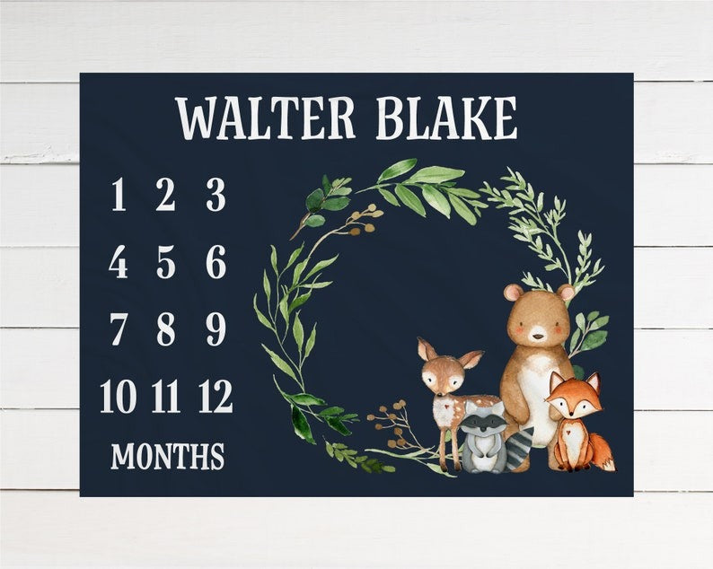 Animals Woodland Baby Milestone Blanket With Customized Name For Baby Boy Girl Nursery, Son, Grandson, Daughter, Granddaughter, Month Gifts