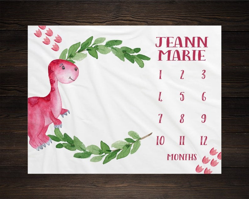 Pink Dinosaur Baby Milestone Blanket With Customized Name For Baby Girl Nursery, Daughter, Granddaughter, Newborn Gifts