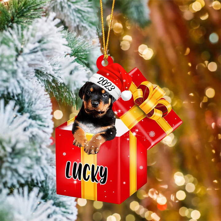Personalized Rottweiler In Red Gift Box Acrylic Christmas Ornament Custom Name Pet Christmas Ornament - Gift For Dog Lovers, Pet Lovers