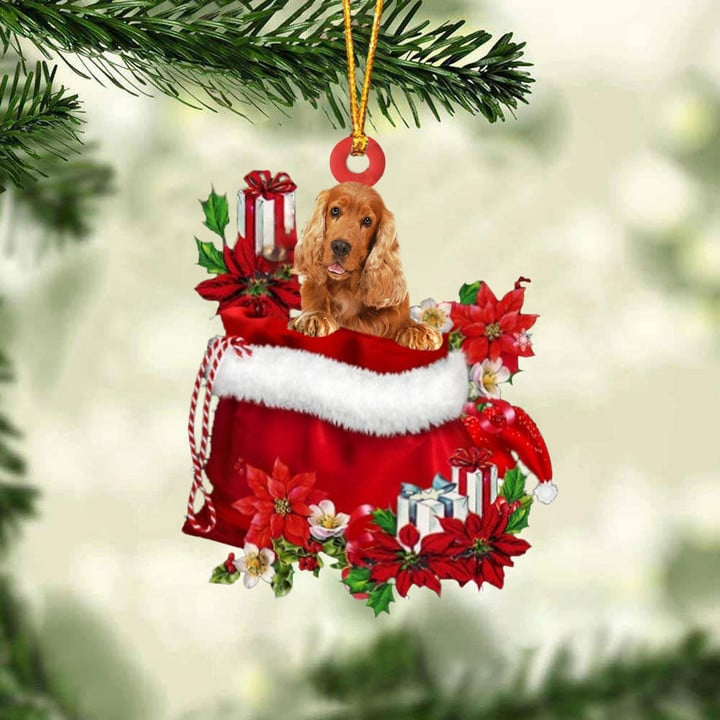 Custom Name Cocker Spaniel In Red Gift Bag Acrylic Christmas Ornament, Customized Christmas Gift For Dog Lovers, Dog Mom