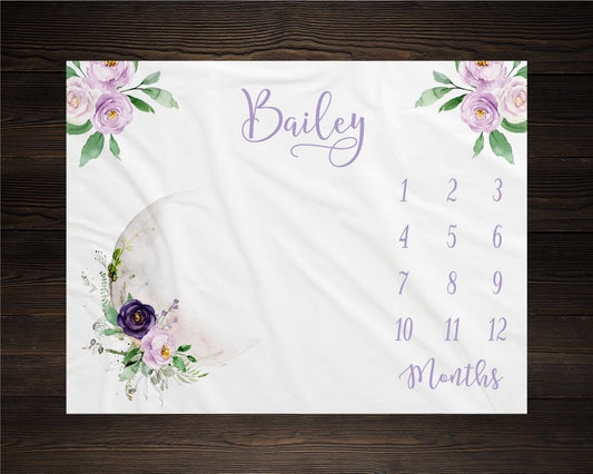 Purple Floral Moon Baby Milestone Blanket With Customized Name For Baby Girl Nursery, Daughter, Granddaughter, Month Gifts