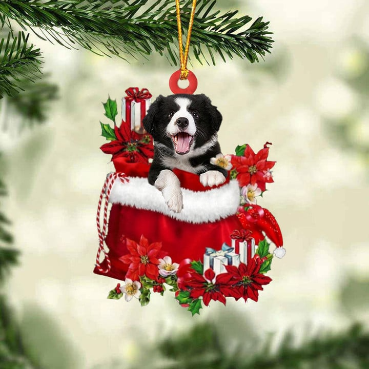 Custom Name Border Collie In Red Gift Bag Acrylic Christmas Ornament, Customized Christmas Gift For Dog Lovers, Dog Mom