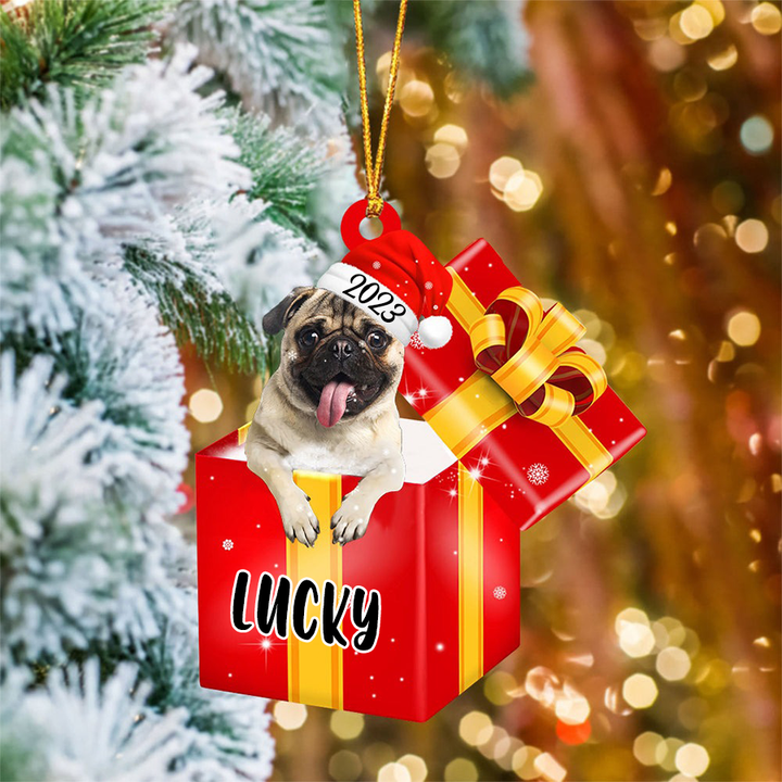 Personalized Pug In Red Gift Box Acrylic Christmas Ornament Custom Name Pet Christmas Ornament - Gift For Dog Lovers, Pet Lovers