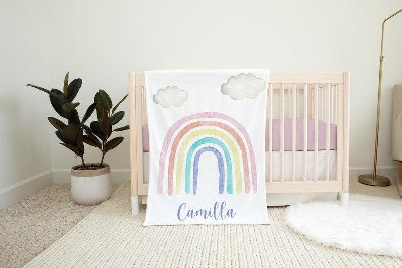 Rainbow Baby Kids Blanket With Customized Name For Baby Girl Nursery, Daughter, Granddaughter, Month Gifts