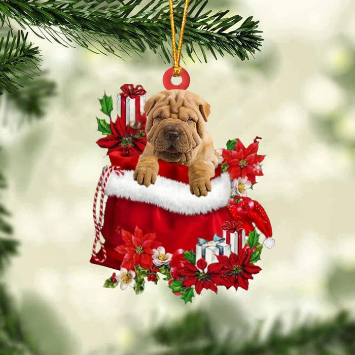 Customized Shar Pei In Red Gift Bag Acrylic Christmas Ornament, Personalized Christmas Gift For Dog Lovers, Dog Mom