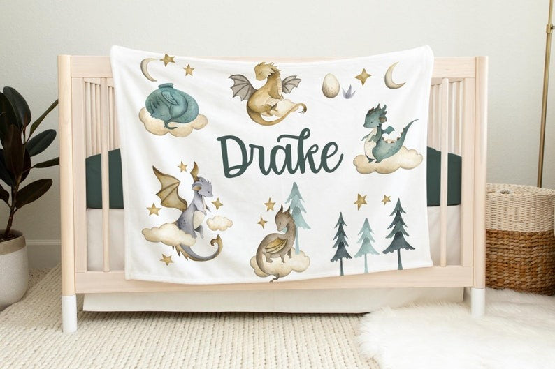 Dragon Baby Kids Blanket With Customized Name For Baby Boy Girl Nursery, Daughter, Granddaughter, Son, Grandson, Newborn Gifts