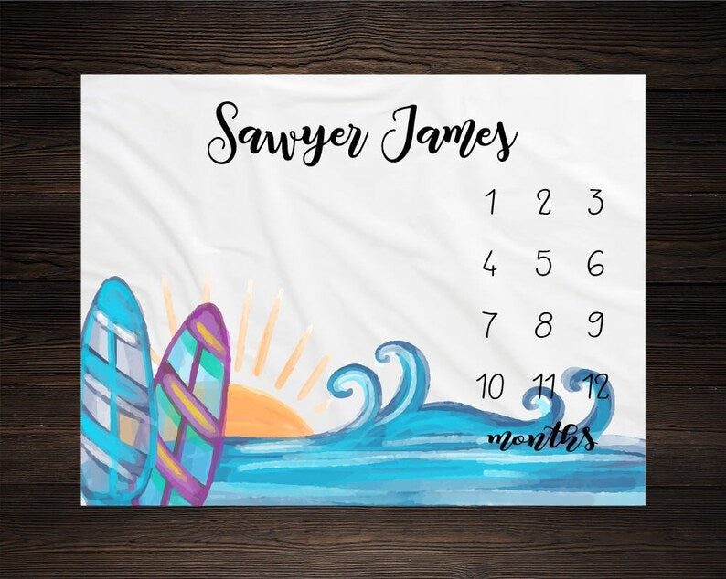 Surfing Board Baby Milestone Blanket With Customized Name For Baby Boy Nursery, Son, Grandson, Newborn Gifts