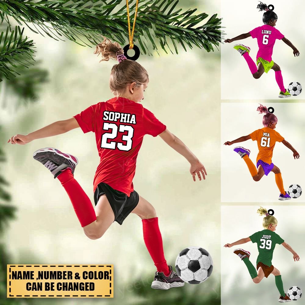 Personalized Little Girl Kid Soccer Players Acrylic Christmas Ornament - Gift For Soccer Lovers, Best Idea Custom Shape Ornament Christmas