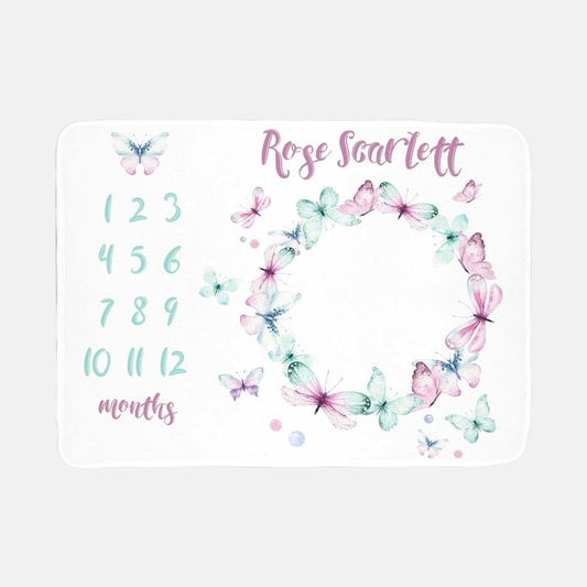 Butterfly Wreath Baby Milestone Blanket With Customized Name For Baby Girl Nursery, Daughter, Granddaughter, Month Gifts