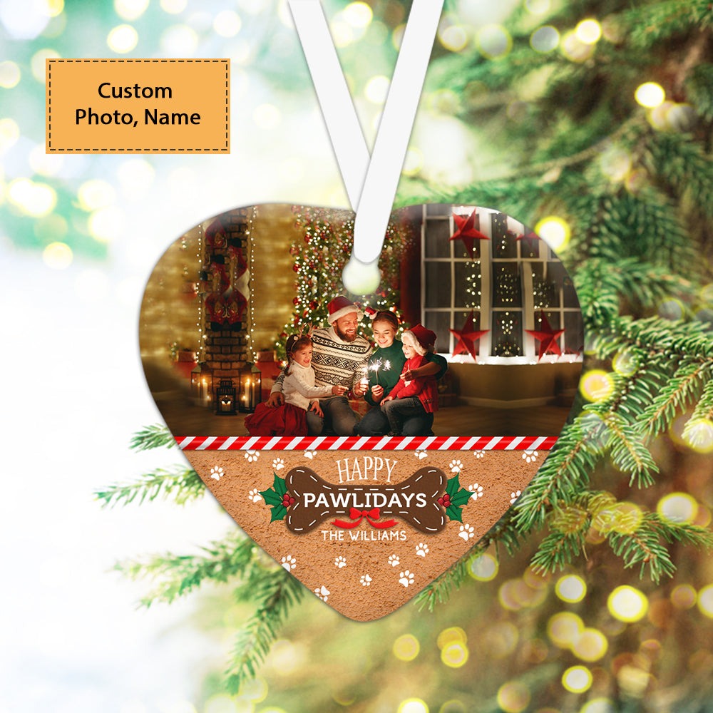 Custom Photo With Family Ceramic Ornament, Custom Photo Ornament With Pet, Happy Pawlidays - Christmas Ornament Gift For Members Family, Anniversary