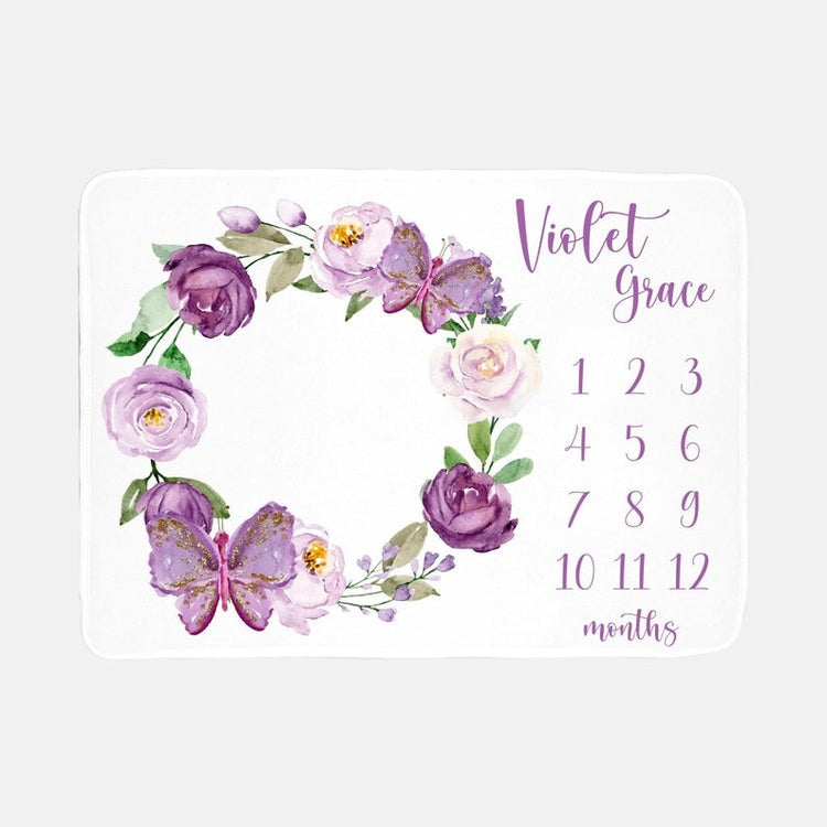 Violet Floral Butterfly Baby Milestones Blanket With Customized Name For Baby Girl Nursery, Daughter, Granddaughter