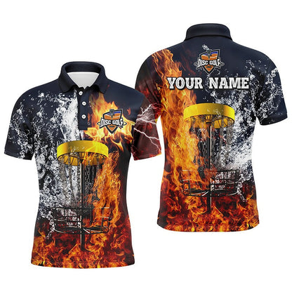 Custom Golf Long Sleeve Men Polo Shirt- Custom Name Fire And Water Disc Golf Basket Apparel- Best Sports Gifts For Disc Golf Lover