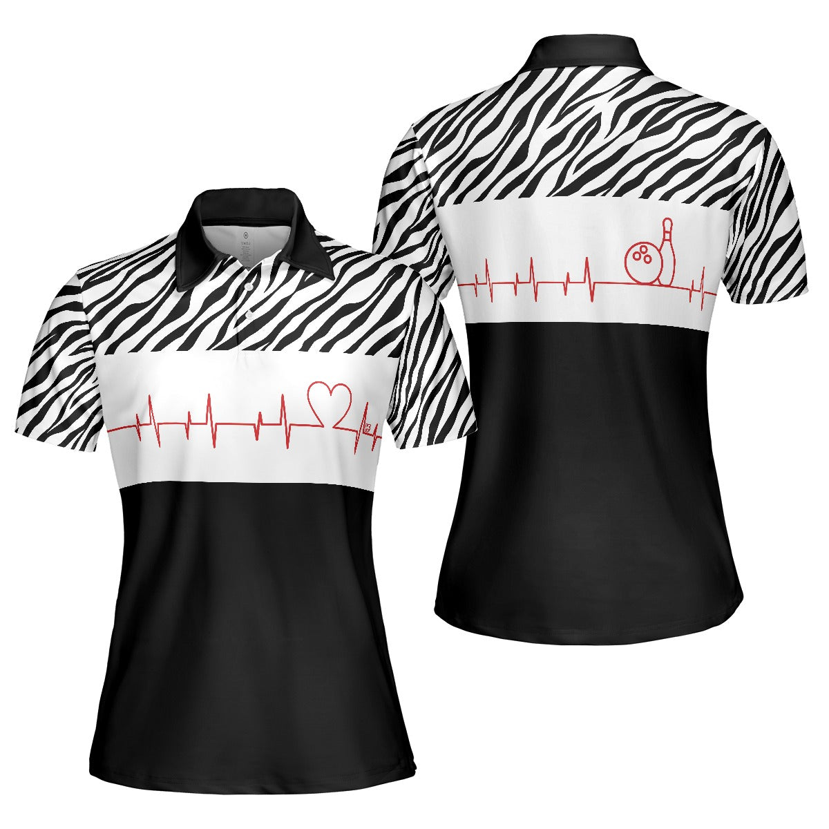 Bowling Women Polo Shirt - Bowling Heartbeat Women Polo Shirt, Zebra Pattern Bowling Polo Shirt - Gift For Wife, Family, Bowling Lovers