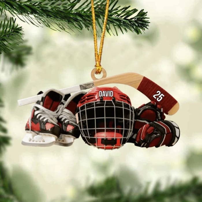 Customized Hockey Skates Helmet And Stick Christmas Ornament, Custom Hockey Acrylic Ornament, Christmas Gift For Hockey Lovers