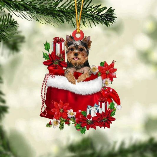 Customized Yorkshire Terrier In Red Gift Bag Acrylic Christmas Ornament, Personalized Christmas Gift For Dog Lovers, Dog Mom