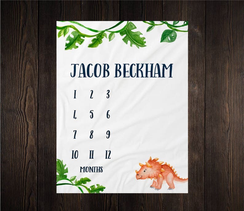 Dinosaur Growth Tracker Baby Milestone Blanket With Customized Name For Baby Boy Nursery, Son, Grandson, Newborn Gifts