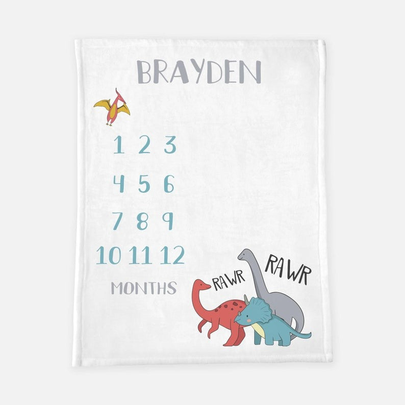 Dinosaur Baby Milestone Blanket With Customized Name For Baby Boy Nursery, Son, Grandson, Month Gifts